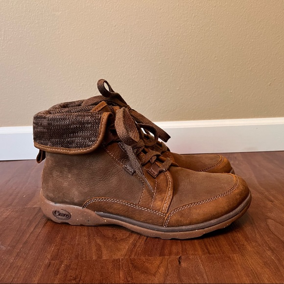 Chaco Shoes - Chacos Barbary Java Womens Ankle Boots Foldover Brown Leather Fabric Lined Sz 8